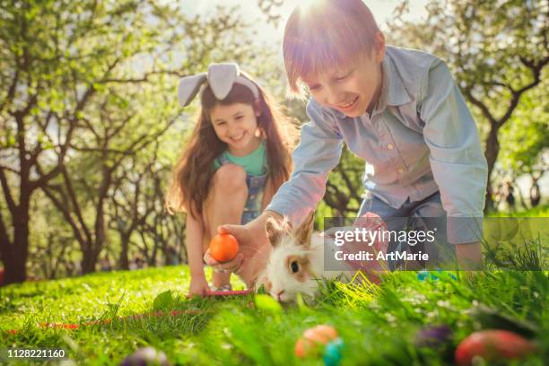 happy children playing with bunny on easter egg hunt - mammal egg stock pictures, royalty-free photos & images