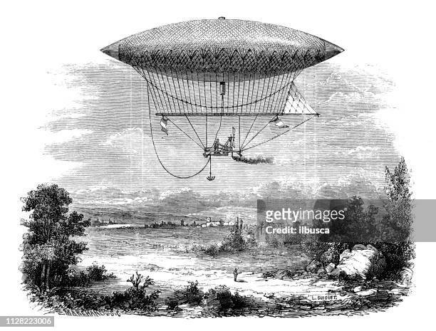 antique illustration of scientific discoveries, aerostat, hot air balloon and blimp - blimp stock illustrations