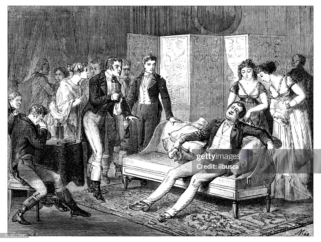 Antique illustration of scientific discoveries, anesthesia: Humphry Davy experiment