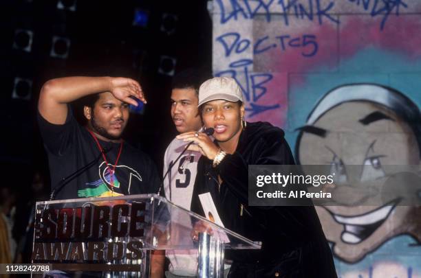 Queen Latifah and De La Soul present an award at The Source Awards at the Theater at Madison Square Garden on April 27, 1994 in New York City.