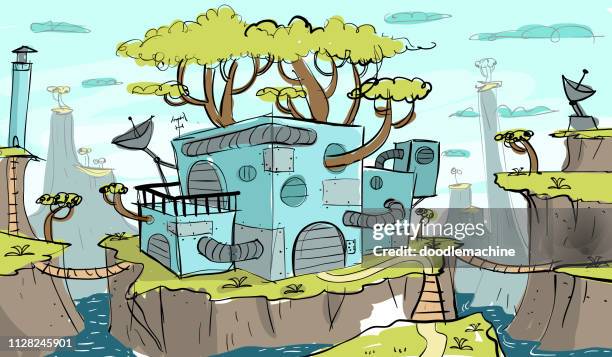 jungle laboratory exterior - building treehouse stock illustrations