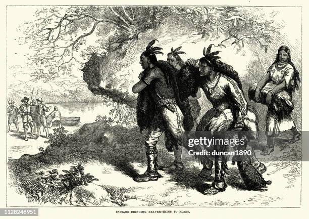 stockillustraties, clipart, cartoons en iconen met indianen handel bever huiden met kolonisten, 18e eeuw - amerikaans indiaanse etniciteit