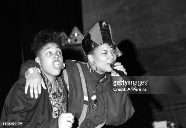 Queen Latifah and Monie Love perform "Ladies First" at Newark Symphony Hall in Newark, New Jersey in April of 1990.