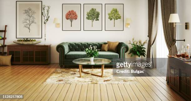 stylish living room - green curtain stock pictures, royalty-free photos & images