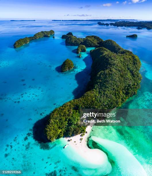 aerial view palau islands and sandbar at low tide - palau stock pictures, royalty-free photos & images