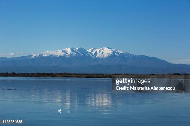 snowcapped mountain reflected in the calm water of a lake - pirenéus orientais imagens e fotografias de stock