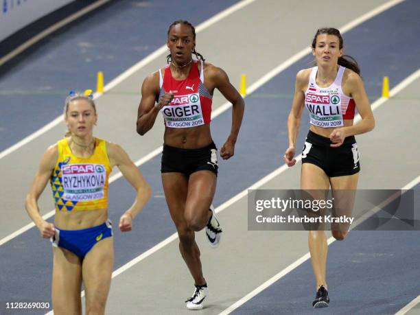 Anna Ryzhykova of the Urkraine, Yasmin Giger of Switzerland and Susanne Walli of Austria compete in the qualification heats of the women's 400m event...