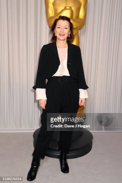 Lesley Manville and attends the 91st Oscars Nominee Champagne Tea Reception at Claridges Hotel on February 08, 2019 in London, England.
