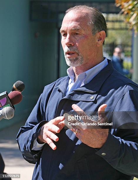 Chuck Tompkins, corporate curator Zoological Operations at all SeaWorld Parks, talks to the media Thursday, February 25 a day after Dawn Brancheau, a...