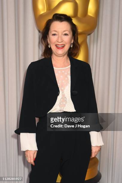 Lesley Manville and attends the 91st Oscars Nominee Champagne Tea Reception at Claridges Hotel on February 08, 2019 in London, England.