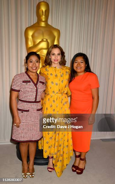 Yalitza Aparicio , Marina de Tavira and Nancy Garcia Garcia attend the 91st Oscars Nominee Champagne Tea Reception at Claridges Hotel on February 08,...