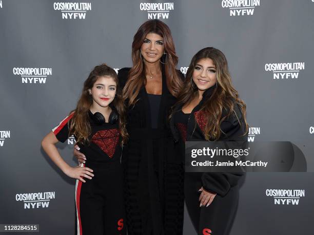 Audriana Giudice,Teresa Giudice and Milania Giudice attend the Cosmopolitan NYFW fashion show during New York Fashion Week at Tribeca 360 on February...