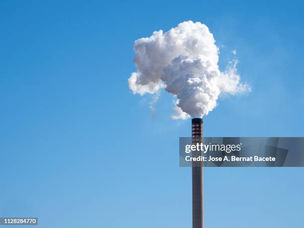 steam and smoke billows from smokestack at massive thermal power plant on a clear sky. - canna fumaria foto e immagini stock