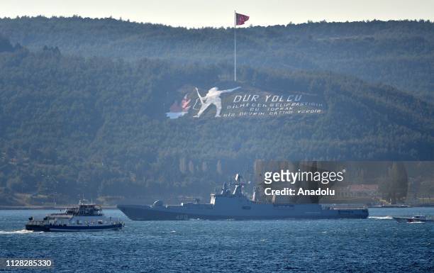 Russian frigate Admiral Essen passes through Dardanelles Strait in Canakkale, Turkey on March 01, 2019.