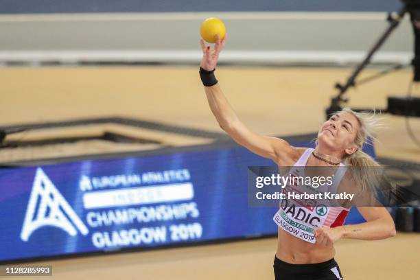 Ivona Dadic of Austria competes in the shot put event of the women's pentathlon on March 1, 2019 in Glasgow, United Kingdom.