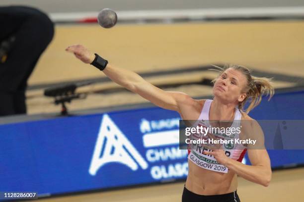 Verena Preiner of Austria competes in the shot put event of the women's pentathlon on March 1, 2019 in Glasgow, United Kingdom.
