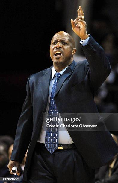 Saint Augustine College Falcons head coach Lonnie Blow, Jr. Yells instructions to his team during action against Elizabeth City State University in...