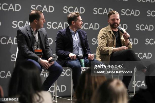 Mike Pollack, Brian Tolleson, and Allan Holmes speak at the 'The Future of Brand Storytelling' panel during SCAD aTVfest 2019 on February 08, 2019 in...
