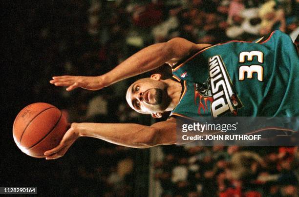 Detroit Pistons forward Grant Hill goes to the hoop during first quarter action 14 January at Market Square Arena in Indianapolis, IN. Hill led all...