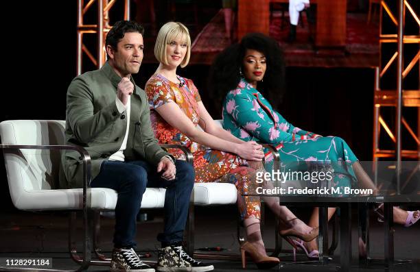 Yannick Bisson, Lauren Lee Smith, and Chantel Riley of the television show "Frankie Drake Mysteries" speak during the Ovation segment of the 2019...
