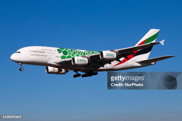 Emirates Airbus A380-800 double decker aircraft landing at Düsseldorf Airport former Dusseldorf International Airport DUS EDDL in Germany during a...