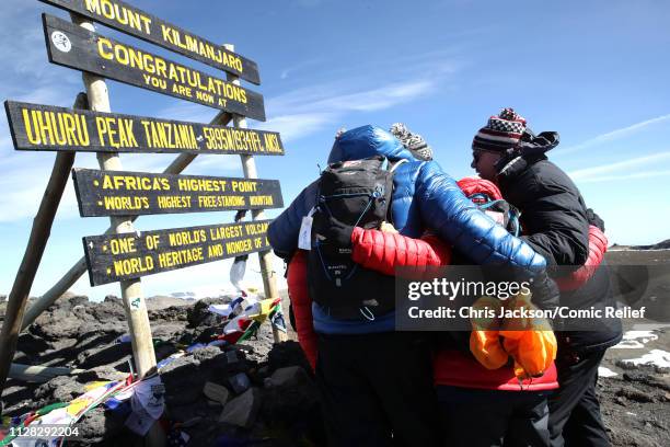 Alexander Armstrong, Shirley Ballas and Ed Balls reach the top of Mount Kilimanjaro during day seven of 'Kilimanjaro: The Return' for Red Nose Day on...