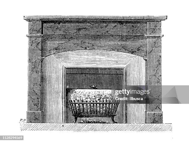 ilustrações de stock, clip art, desenhos animados e ícones de antique illustration of scientific discoveries: fireplaces, stoves, heaters and chimneys - fogueira