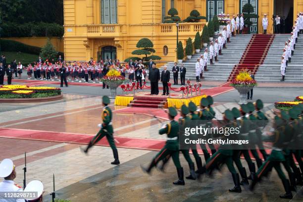 North Korean leader Kim Jong-un and Vietnamese President Nguyen Phu Trong during a welcoming ceremony at the President Palace on March 1, 2019 in...