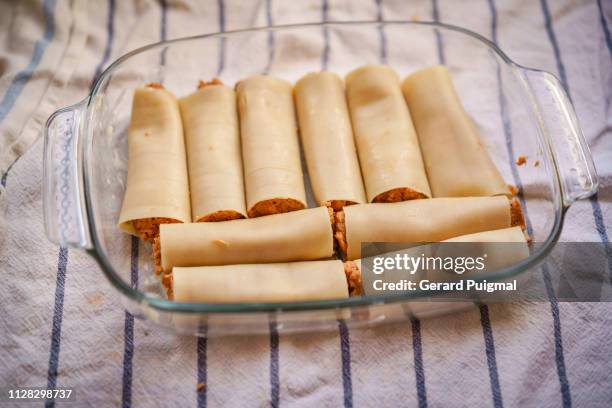 tray with cannelloni - cannelloni stock-fotos und bilder