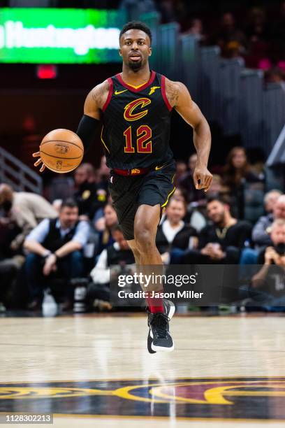 David Nwaba of the Cleveland Cavaliers drives down court during the first half against the Boston Celtics at Quicken Loans Arena on February 5, 2019...