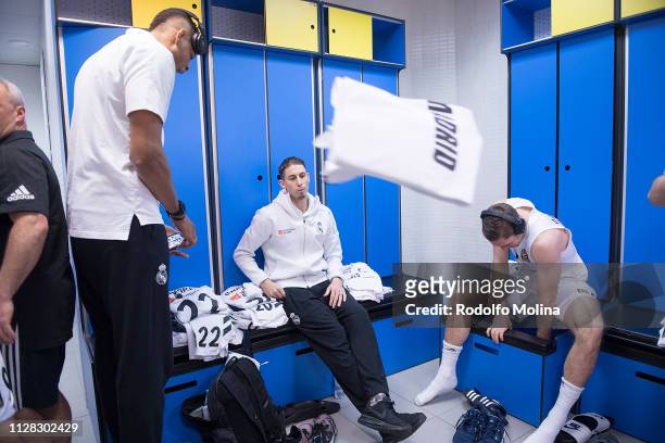 Jaycee Carroll, #20 of Real Madrid and Fabien Causeur, #1 at dressing room prior the 2018/2019 Turkish Airlines EuroLeague Regular Season Round 24...