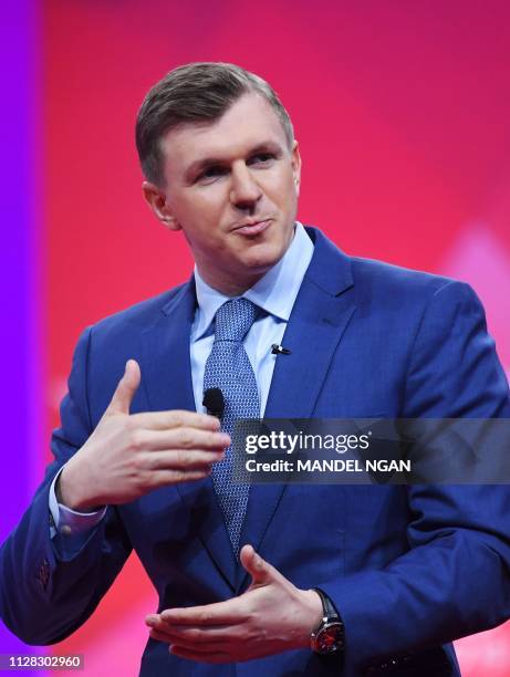 Conservative political activist James O'Keefe speaks during the annual Conservative Political Action Conference in National Harbor, Maryland, on...