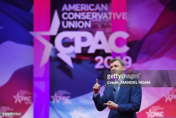 Conservative political activist James O'Keefe speaks during the annual Conservative Political Action Conference in National Harbor, Maryland, on...