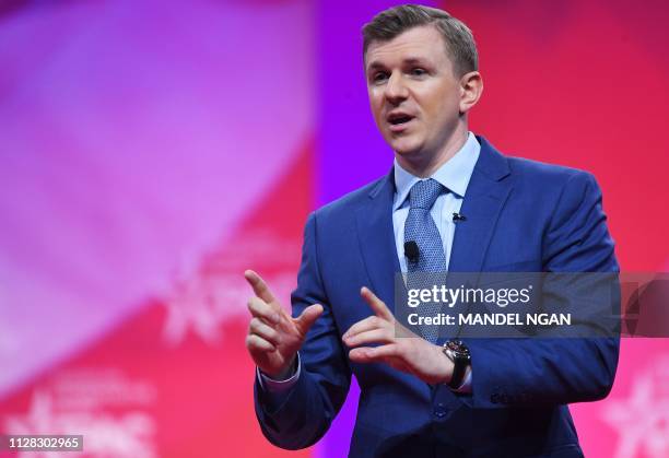 Conservative political activist James O'Keefe speaks during the annual Conservative Political Action Conference in National Harbor, Maryland, on...