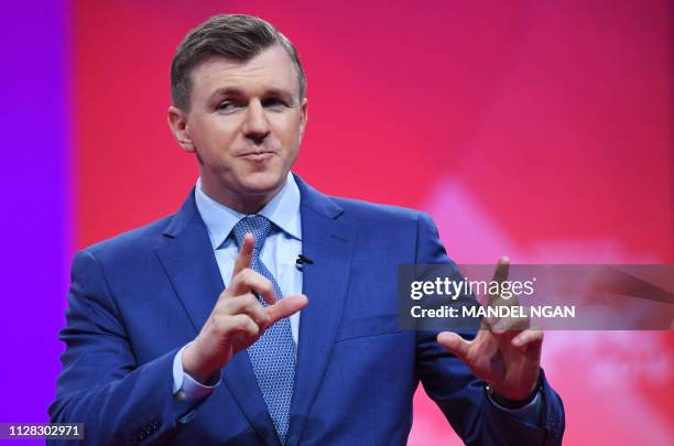 Conservative political activist James O'Keefe speaks during the annual Conservative Political Action Conference in National Harbor, Maryland, on...