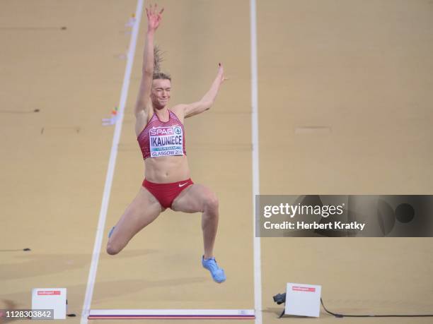 Laura Ikauniece of Latvia competes in the high jump event of the women's pentathlon on March 1, 2019 in Glasgow, United Kingdom.