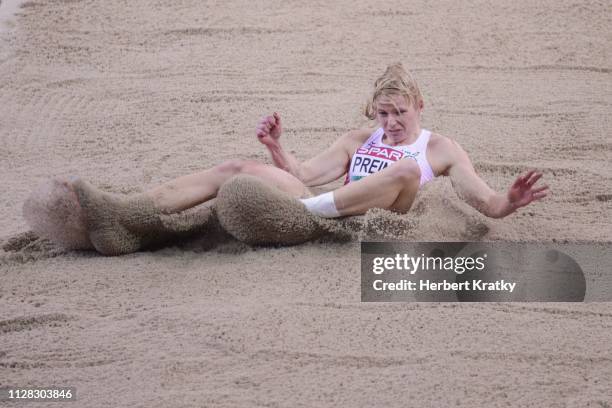 Verena Preiner of Austria competes in the high jump event of the women's pentathlon on March 1, 2019 in Glasgow, United Kingdom.