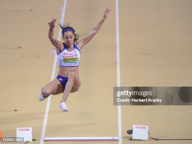 Katarina Johnson-Thompson of Great Britain competes in the high jump event of the women's pentathlon on March 1, 2019 in Glasgow, United Kingdom.