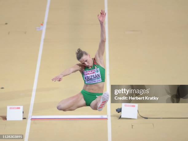 Xenia Krizsan of Hungary competes in the high jump event of the women's pentathlon on March 1, 2019 in Glasgow, United Kingdom.