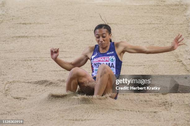 Solene Ndama of France competes in the high jump event of the women's pentathlon on March 1, 2019 in Glasgow, United Kingdom.