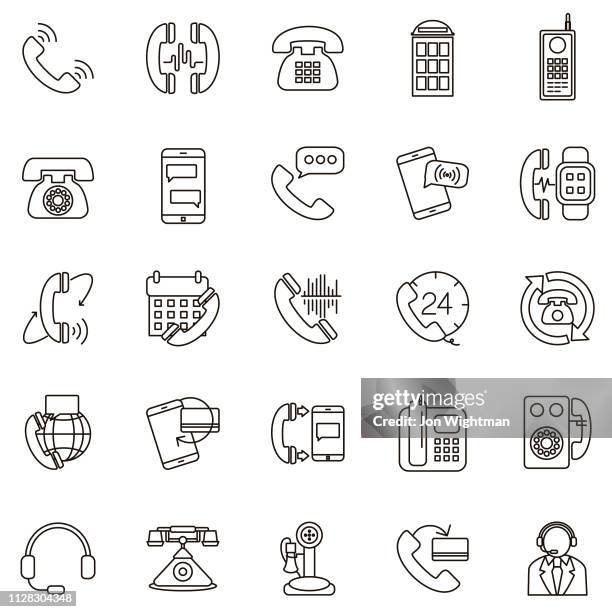 ilustraciones, imágenes clip art, dibujos animados e iconos de stock de conjunto de iconos de teléfono de línea delgada - teléfono antiguo