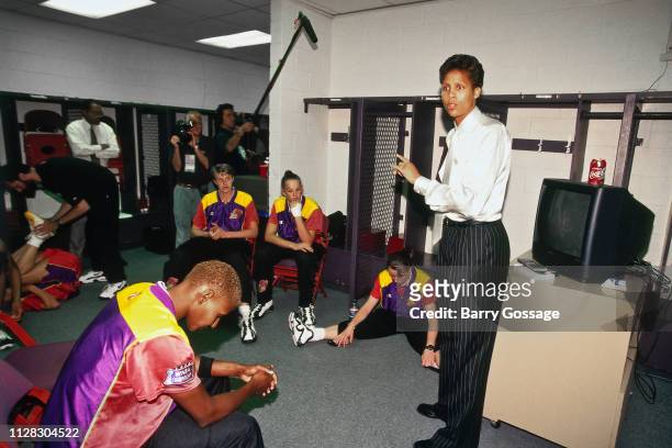 Cheryl Miller of the Phoenix Mercury speaks to the team prior to Game Two of the 1998 WNBA Finals on August 29, 1998 at the Compaq Center in Houston,...