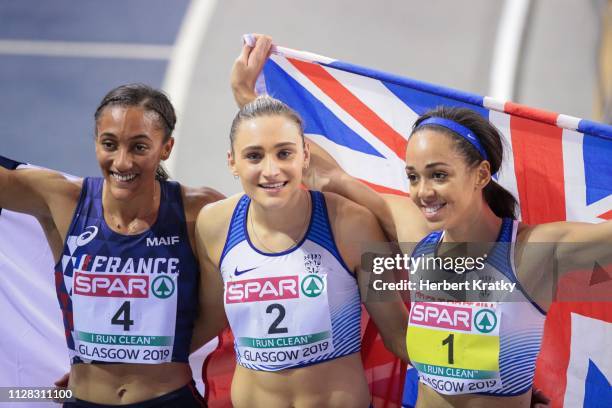 Solene Ndama of France, Niamh Emerson of Great Britain and Katarina Johnson-Thompson of Great Britain compete in the 800m event of the women's...