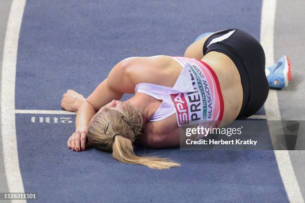 Verena Preiner of Austria competes in the 800m event of the women's pentathlon on March 1, 2019 in Glasgow, United Kingdom.