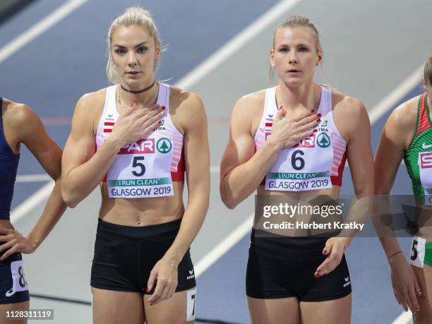 Ivona Dadic of Austria and Verena Preiner of Austria compete in the 800m event of the women's pentathlon on March 1, 2019 in Glasgow, United Kingdom.