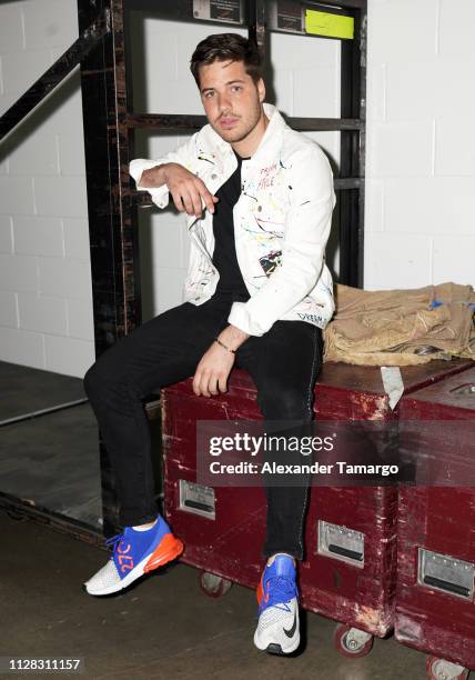 William Valdes is seen backstage prior to the CNCO concert at AmericanAirlines Arena on March 1, 2019 in Miami, Florida.