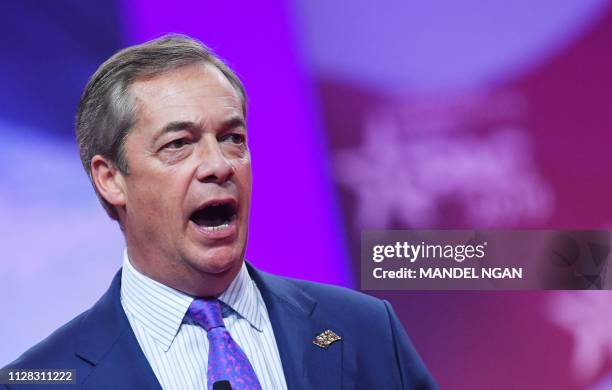 Former UK Independence Party leader and Brexit spearhead Nigel Farage speaks during the annual Conservative Political Action Conference in National...