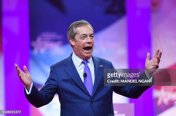 Former UK Independence Party leader and Brexit spearhead Nigel Farage speaks during the annual Conservative Political Action Conference in National...