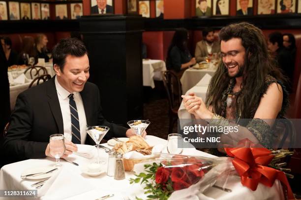 Episode 1026 -- Pictured: Host Jimmy Fallon and comedian Jack Whitehall at Sardi's during "Frozen Redemption" on March 1, 2019 --