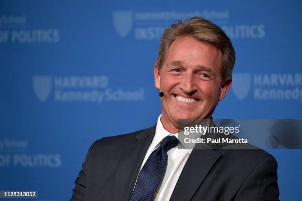 Former Arizona Senator Jeff Flake speaks at the Harvard Kennedy School of Government in a program titled 'Strengthening Democratic Institutions' at...